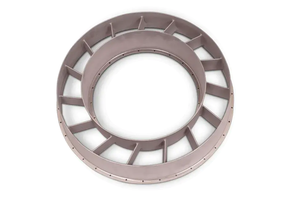 「DMP Factory 500 により LaserForm®Ni718 (A) 材料を使用して作成された小型タービンの尾翼 (TRV)」