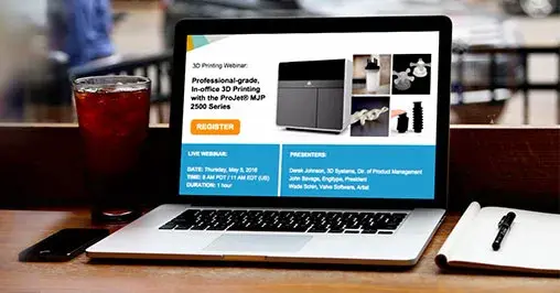 3D Systems からのウェビナー情報を表示したノート PC