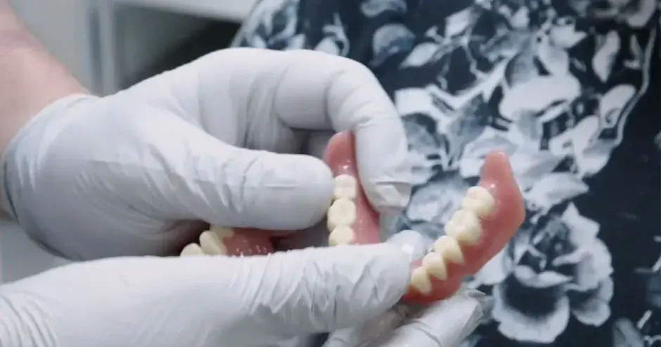 患者に新しい義歯を手渡す歯科医