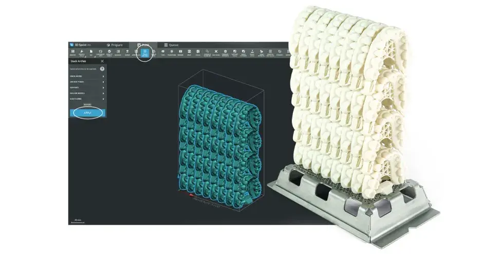 a screen capture of 3DSprint auto stacking for dental prints