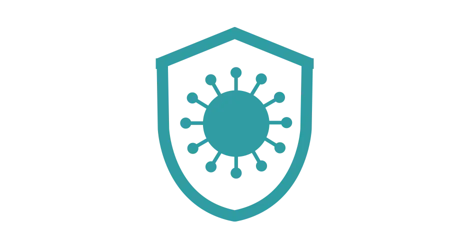A graphic showing a shield with the COVID-19 virus inside