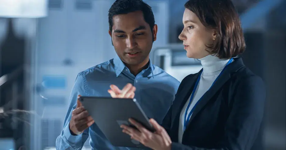 タブレットで作業をしながら会話中の 2 人