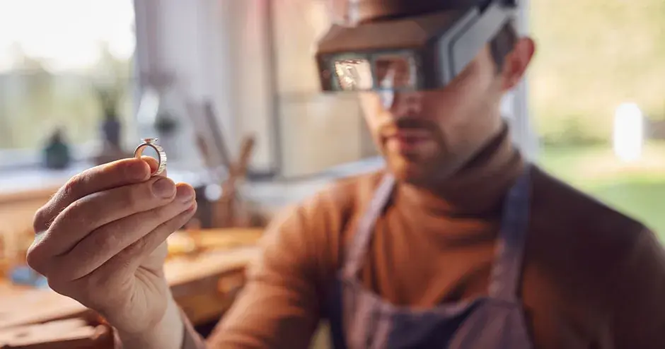 リングを手にする宝石職人