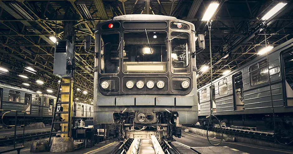 メンテナンスのために線路にドッキングされた地下鉄の車両