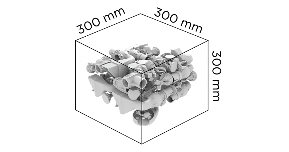 SLS 300 プリンタの造形サイズを示すグラフィック