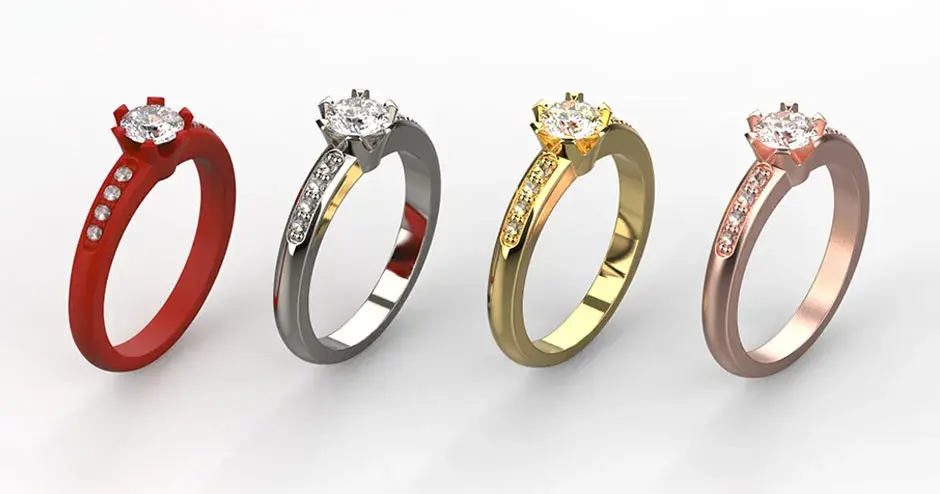 鋳造プロセスを示す、左右に並べられた 4 つのリング